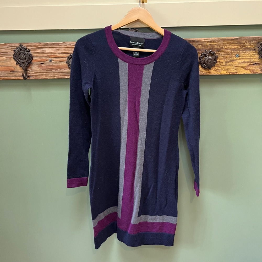 Cynthia Rowley Navy Blue Purple Merino Wool Colorblock Sweater Dress Small
